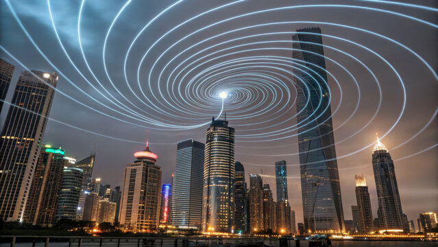 swirling vortex of magnetic energy above city skyline at night - Powered by Adobe