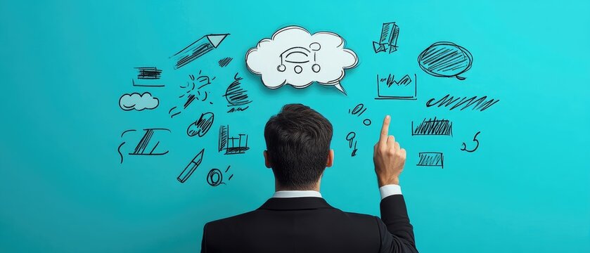 Businessman Brainstorming Creative Ideas on Blue Background with Doodles