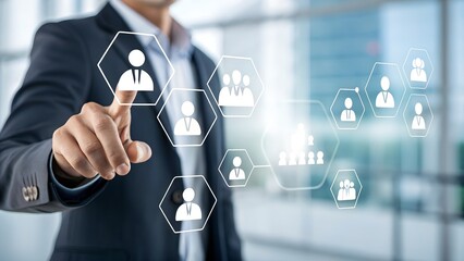 Target market or audience. Marketing segmentation strategy and plan. Marketer touching client icon.
