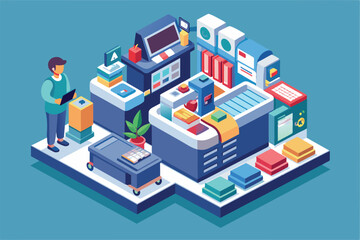Fototapeta premium A customizable self-checkout station features multiple technology elements for an engaging shopping experience, Self checkout Customizable Isometric Illustration