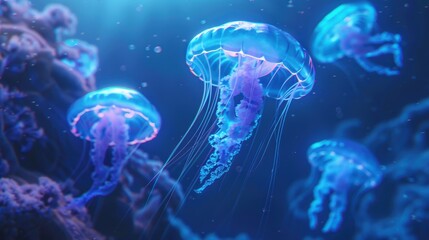 Obraz premium Glowing Jellyfish in Deep Sea - Cinematic Underwater Scene for Futuristic Tech Branding