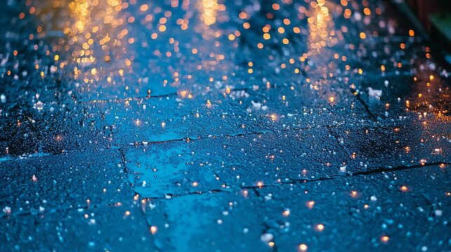 Sparkling wet cobblestones at night.
