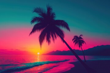 Fototapeta premium Vivid Tropical Sunset with Silhouetted Palm Trees on a Serene Beach