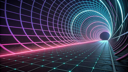 Vibrant 3D wireframe tunnel with pulsating neon lights and grid pattern