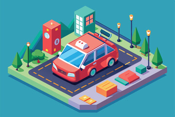 Obraz premium A vibrant isometric illustration features a customizable self-driving car parked in a cityscape with greenery, Self driving car Customizable Isometric Illustration