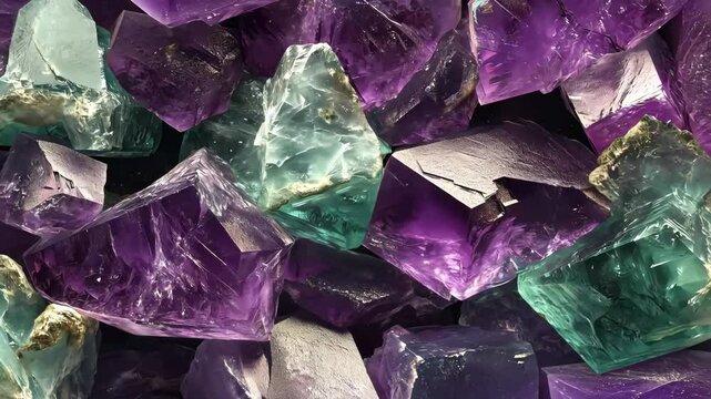 Various raw fluorite crystals in purple and green hues. Mineral pattern texture beauty. Commercial advertising. Filled stone background. Macro lens.