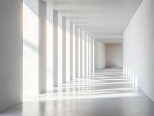 Fototapeta premium A long modern hallway with pillars and natural light shining through