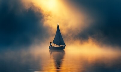 Fototapeta premium Lone sailboat sailing in the morning mist, creating a peaceful atmosphere