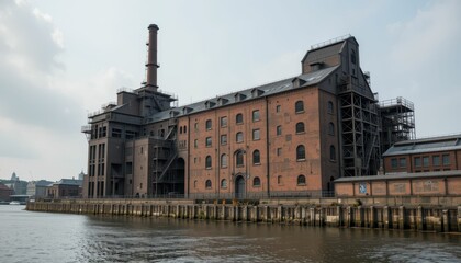 Fototapeta premium Historic Industrial Building by Water with Smoke Stack and Brick Facade