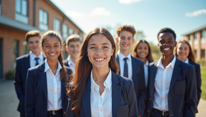 Group of diverse private school students stand in uniform near building. Smiling teenage girls, boys, youth, friends show friendship, happy to together. Multi-ethnic caucasian, african pupils enjoy