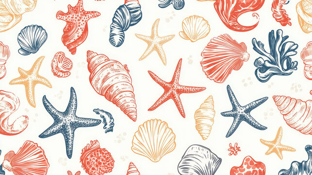 Sea life marine shells, coral and underwater stars hand drawn style vector seamless pattern background