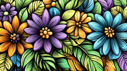 Vibrant floral bouquet illustration, colorful flowers, lush leaves, dark background, ideal for website banners