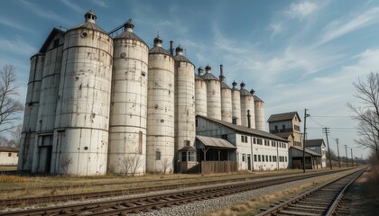 Obraz premium Abandoned Grain Silos Next to Railroad Tracks in Rural Landscape