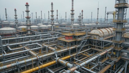 Fototapeta premium Vast Industrial Complex with Pipes and Machinery Under Cloudy Sky