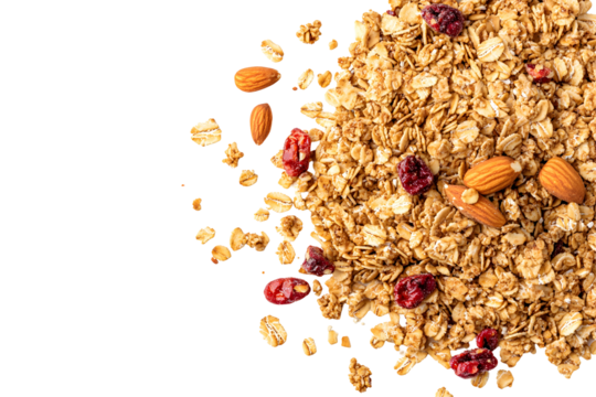 Crunchy granola, muesli pile with nuts isolated on white or transparent background, top view