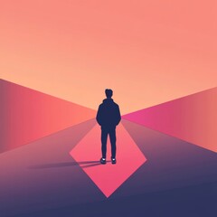 Man standing at a crossroads, modern flat gradient illustration symbolizing psychological guidance, career path dilemmas, and life choices