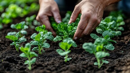 Gardener's Hands Tending to Young Spinach Plants in a Garden Bed