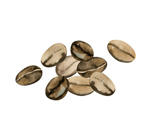 Coffee beans isolated on a white background. Illustration of brown colored watercolor. Hand drawn template. Clip art.