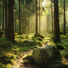 Obraz premium Sunlit forest path with mossy rocks and tall trees