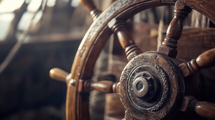 Antique ship wheel, sailing, ocean voyage, blurred background, nautical history