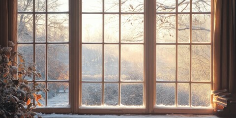 A large winter window frame shows a snow covered outside view