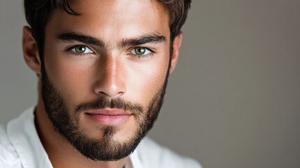 Obraz premium Serious young man with green eyes and short beard wearing white shirt
