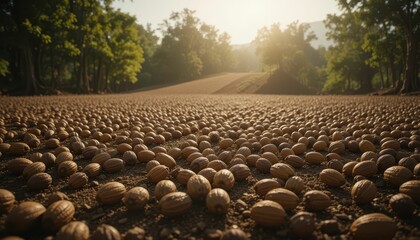 Fototapeta premium Ground Level View of Almonds Spread Under the Sunlight in Nature