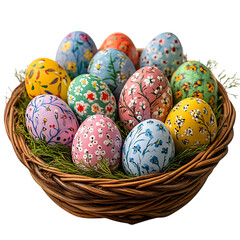 A Basket of Dyed Easter Eggs in Various Patterns Isolated on Transparent Background