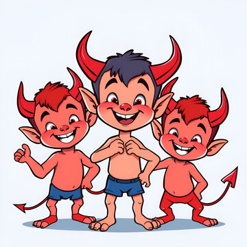 Three cartoon devil boys in striking red and blue, showing off cheerful expressions and mischievous poses