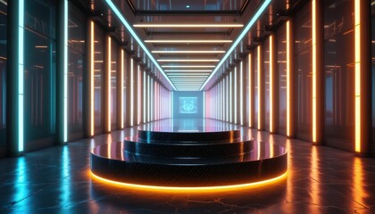 Modern Futuristic Hallway with Neon Lights and Circular Stage