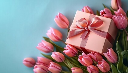 Fototapeta premium A minimalist flat lay featuring a gift box and tulips, perfect for Valentine's Day, Mother's Day, or birthdays, with ample copy space for text or branding.