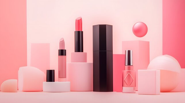 beauty and cosmetic products artfully arranged against a soft pink backdrop, offering a sense of elegance and sophistication. The scene highlights the variety and allure of these items