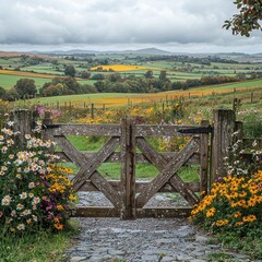 Fototapeta premium Rural landscape Wooden gate frames flowers overlooking rolling hills under a cloudy sky