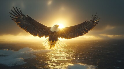 An eagle soars over the water toward the bright suns light