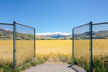Fototapeta premium Open gate to field view, hills and mountains under a clear sky