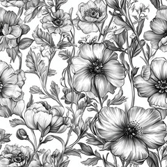 Seamless pattern monochrome sketch of flowers in a toile de jouy style, Alfons Maria Mucha style
