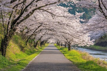Fototapeta premium Blossom tunnel Path under flowering trees along a river
