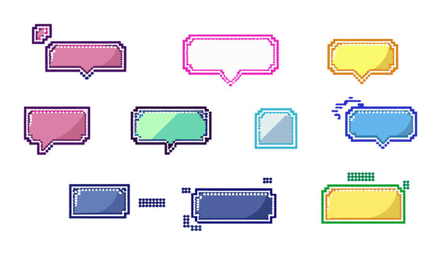 Vector pixel art speech bubbles, retro 8 bit chat boxes with colorful frames, 90s style video game UI, white text space, classic arcade interface, pixelated pop-up, transparent background