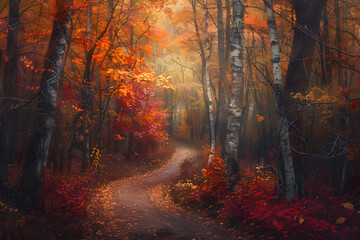Tranquil Autumn Path Through Vibrant Forest - Embracing the Serene Beauty of Fall Foliage and Natural Scenery