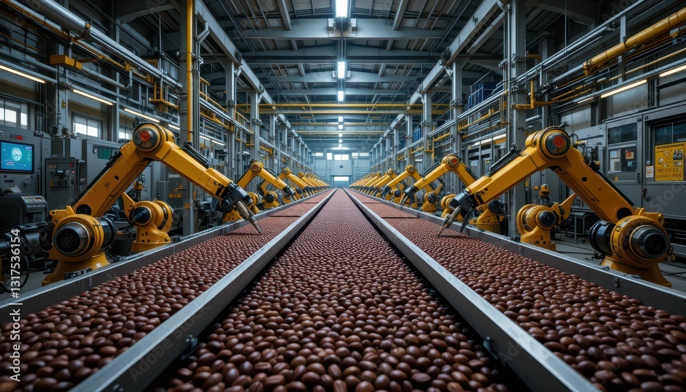 Poster automated production line with robots and brown products in factory