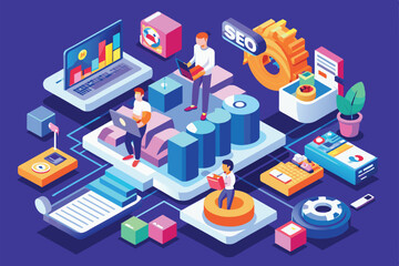 A vibrant illustration featuring individuals engaged in SEO tasks, analyzing data, and managing digital projects, Seo Customizable Isometric Illustration