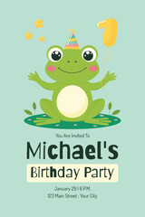 Birthday Invitation card with cute Frog flat vector illustration.