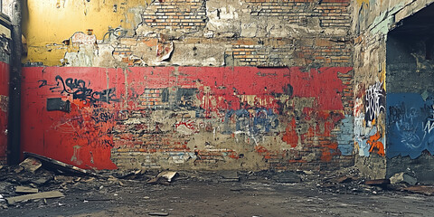 Fragmented Wall Texture Showing Grunge Effect With Red And Yellow Paint Color And Blue Arch Structure