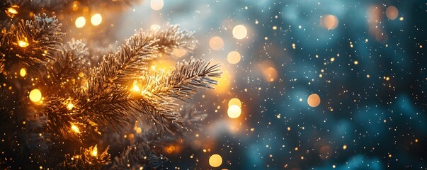 Fototapeta premium Festive background with a Christmas tree branch with bokeh lights and a snowy atmosphere.
