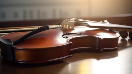 A Polished Violin Rests on a Wooden Surface, Bathed in Warm Sunlight
