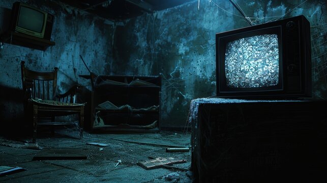 Eerie Vintage Basement Scene with Static-Filled TV and Old Furniture for Halloween Atmosphere - Powered by Adobe