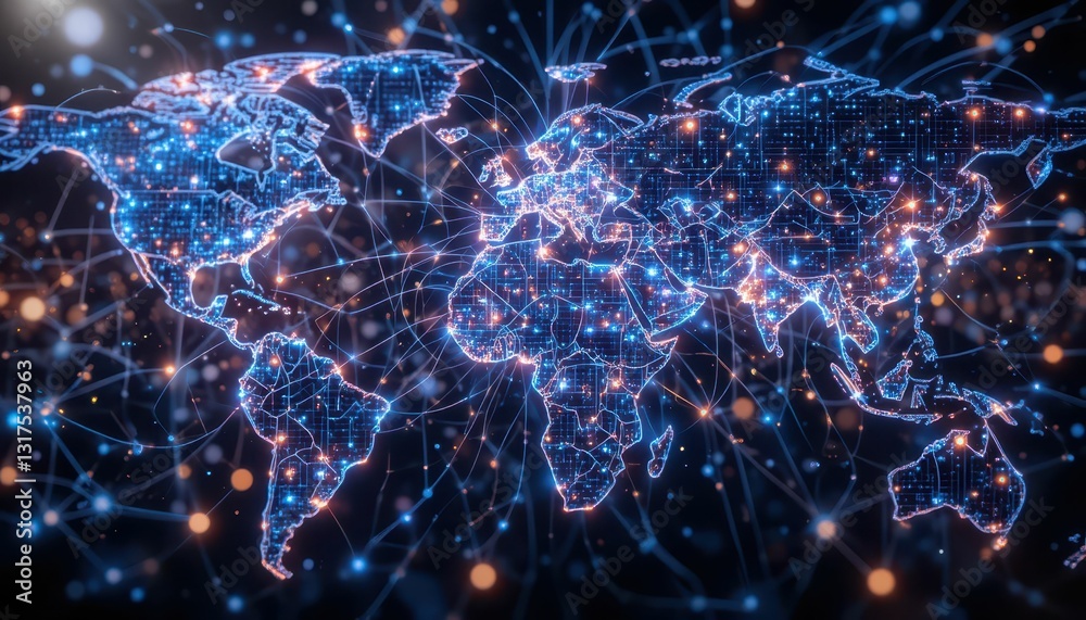 Poster global network data visualization with digital world map elements