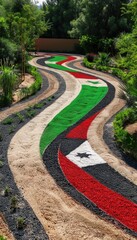 Obraz premium UAE Flag Art Installation: Sand and Greenery Landscape Representing Nature and Tradition