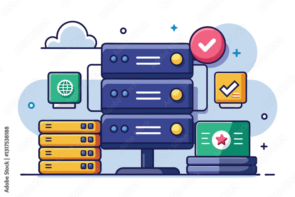 Poster the flat design features multiple servers with customizable status indicators and various icons, ser