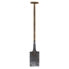 Rustic shovel with wooden handle and metal blade in 3D rendering